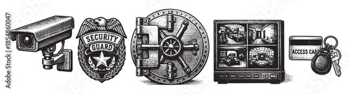 A collection of vintage-style black and white illustrations depicting security elements including a surveillance camera, guard badge, vault, CCTV monitor, and access card with keys.