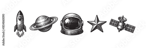 A vintage style, hand-drawn collection of space-themed icons including a rocket, planet, astronaut helmet, star, and satellite on a white background.