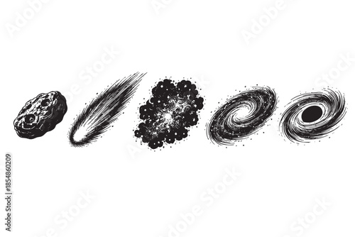 A collection of hand-drawn celestial bodies including an asteroid, comet, nebula, and two swirling galaxies presented in a linear arrangement against a white background.