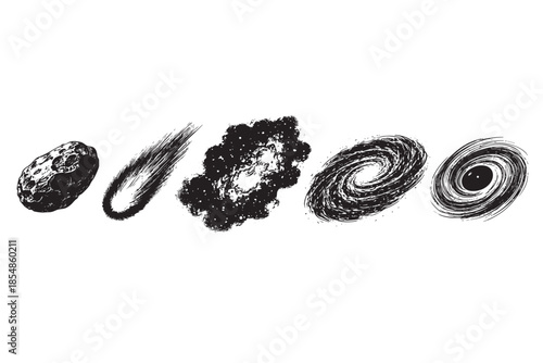 A set of five distinct cosmic entities rendered in a stark black and white grunge style, perfect for creative or scientific illustrations.