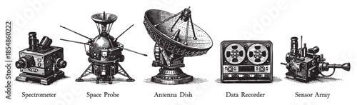 A collection of vintage scientific instruments including a spectrometer, space probe, antenna dish, data recorder, and sensor array, rendered in a classic black and white illustration style.