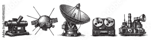A black and white sketch showcases a retro collection of scientific and audio equipment including a satellite, radar dish, reel-to-reel player, and vintage computing device.