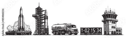 A black and white illustration depicts the stages of a rocket launch, including a rocket on a launchpad with smoke, a launch tower, a fuel truck, a countdown timer, and an air traffic control tower.