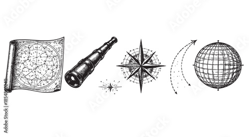 A hand-drawn illustration features navigational elements like a vintage star chart scroll, a telescope, a compass rose, and a globe with dotted directional arrows.