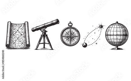 A collection of five vintage engraved illustrations depicting exploration and discovery, including a celestial map, telescope, compass, comet, and globe.