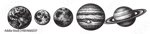 A set of retro-style planets, including Earth and Saturn, rendered in a classic black and white line art etching style, perfect for educational or vintage space themes.