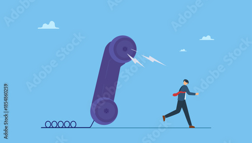Businessman run away from furious complain telephone from customer or client. Customer complaint, dissatisfaction from product or service problem, angry feedback from client.
