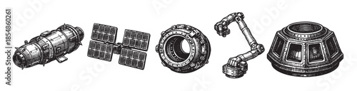 A detailed hand-drawn illustration in black and white showcases various spacecraft components, including a satellite, robotic arm, module, and capsule, ideal for science and technology themes.