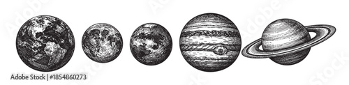 A vintage black and white illustration of several planets, including Earth, the Moon, and Saturn with its rings, rendered in a detailed, hand-drawn style on a white background.