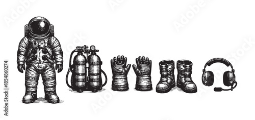 A detailed, high-contrast black and white illustration showcases an astronaut suit, oxygen tanks, gloves, boots, and headphones against a white background, ideal for science or exploration themes.
