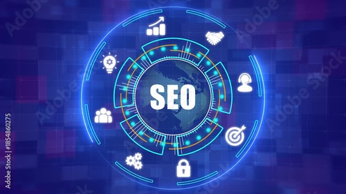 Advanced SEO Strategy and Search Engine Optimization Concept with Digital HUD Interface - 4K
