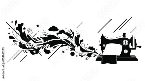Creative sewing machine with abstract floral design flowing from needle