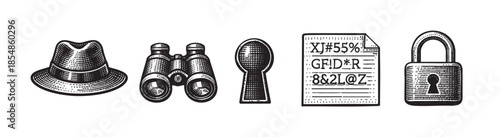 A collection of black and white illustration icons representing detective and spy tools, including a hat, binoculars, keyhole, encrypted document, and lock, on a white background.