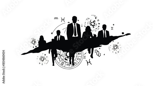 Diverse team collaborating around a table with astrological symbols, representing destiny and planning.