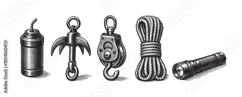 A black and white engraving style illustration showcases a collection of vintage nautical tools including a fuse, grappling hook, pulley, coiled rope, and a flashlight arranged on a white background.