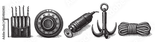 A collection of vintage engraving style illustrations featuring lock picks, a safe dial, a fishing hook, an anchor, and a coiled rope, presented on a white background.