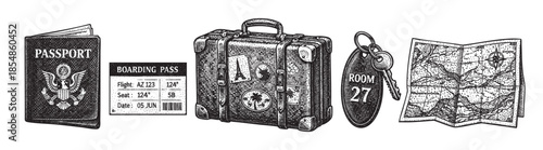 Vintage black and white illustration of travel essentials including a passport with boarding pass, a vintage suitcase, a hotel key, and a folded map, evoking a sense of journey and adventure.