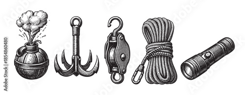 A collection of five vintage maritime objects including a lit bomb, grappling hook, pulley, coiled rope, and flashlight, rendered in a detailed black and white engraving style.