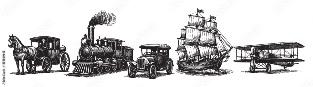 Naklejka premium A black and white illustration depicts a timeline of transportation, featuring a horse-drawn carriage, steam train, early automobile, sailing ship, and biplane.
