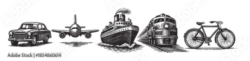 A black and white line art illustration features a vintage car, airplane, steamship, steam train, and bicycle arranged in a row.