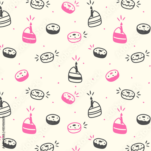 Doodle pattern of donuts and cake slices with candle, pink and dark hand drawn doodle silhouettes. Birthday greeting.