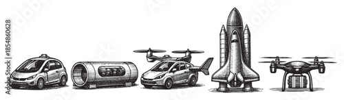 A collection of futuristic and unconventional transportation modes including a taxi, pod, flying car, rocket, and drone, all rendered in a detailed black and white sketch style.