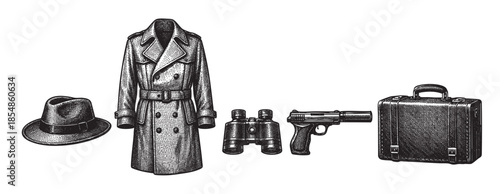 A vintage illustration depicts a detective's essential gear including a trench coat, fedora hat, binoculars, handgun, and a briefcase arranged on a white background.
