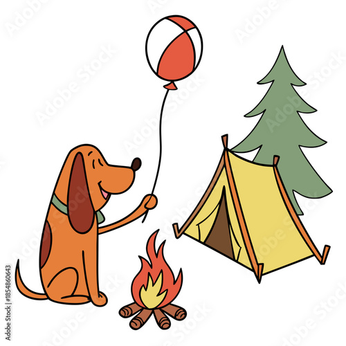 Delightful Amused Bloodhound in a Camping trip scene with with a balloon – Campfire Glow vector illustration