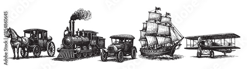 A black and white illustration depicts a timeline of transportation, featuring a horse-drawn carriage, steam train, early automobile, sailing ship, and biplane.