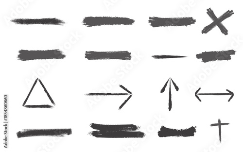 A collection of 16 black painted symbols on white background