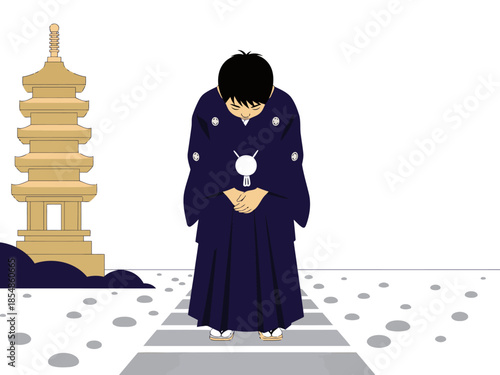 A young Asian man bows respectfully before a traditional Japanese pagoda, conveying reverence and tradition. Clean lines, muted tones, and a serene composition.