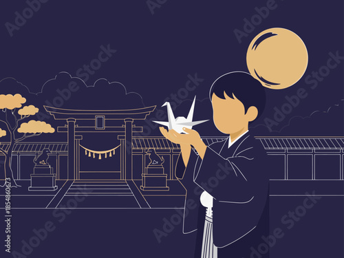 A young Asian man folds a paper crane at a traditional Japanese temple under a full moon. Elegant, serene, and symbolic. Perfect for peace, culture, and mindfulness themes.