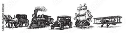 This detailed line art illustration features a chronological progression of transportation, from a horse-drawn carriage and steam train to an early automobile, sailing ship, and biplane.