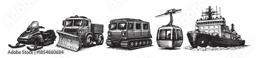 A set of five distinct vehicles and modes of transport designed for cold weather and icy conditions, illustrated in a vintage black and white sketch style.