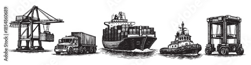 Hand-drawn sketch showcases a port scene with a ship, tugboat, truck, and cranes, illustrating logistics and global trade.