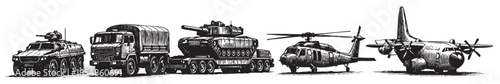 A hand-drawn black and white illustration depicts a line-up of military vehicles including an armored car, a truck, a tank, a helicopter, and a cargo plane, suggesting a fleet or convoy.