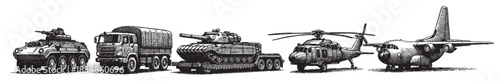 A black and white line drawing illustration showcases a collection of military vehicles and an aircraft, including a tank, truck, helicopter, and airplane, in a detailed, vintage style.