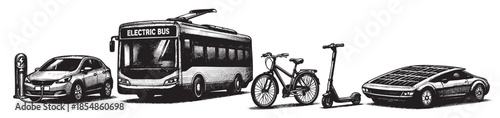 This black and white illustration depicts a variety of electric vehicles, including a car charging at a station, an electric bus, a bicycle, a scooter, and a solar-powered car.