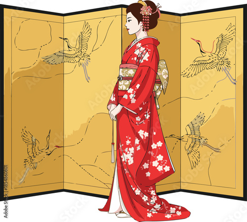 Elegant Japanese geisha stands before a shoji screen adorned with cranes. A vibrant kimono and traditional hairstyle create a striking, timeless image. Perfect for cultural themes.