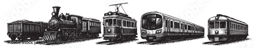 A detailed black and white illustration showcases a historical collection of vintage trains and trams lined up side by side on railway tracks, evoking a sense of nostalgia and industrial heritage.
