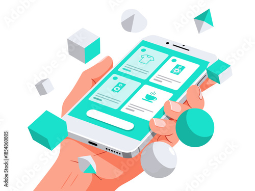 A hand holds a smartphone displaying an e-commerce app with product images. Modern, vibrant, and visually appealing for digital marketing and mobile commerce concepts.
