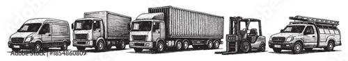 A black and white woodcut-style illustration featuring a diverse collection of commercial vehicles including trucks, a semi-trailer, and a van, suitable for logistics and transportation themes.