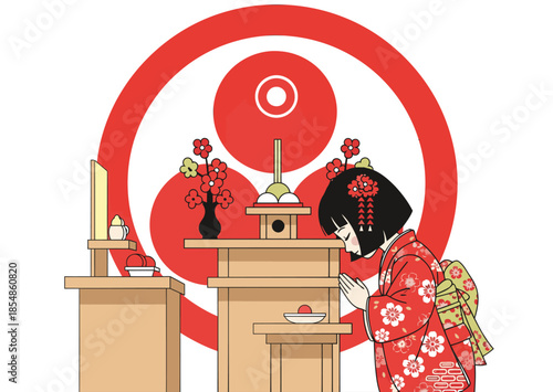 A Japanese woman performs a New Year's tradition, praying at an altar adorned with symbolic objects.  Warm colors and traditional attire create a serene, culturally rich image.