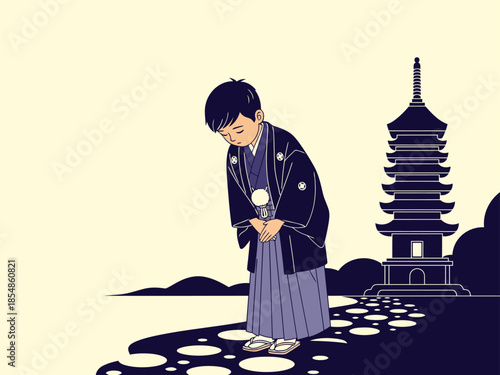 A young Japanese boy bows respectfully before a traditional pagoda, symbolizing heritage and tradition. A serene, minimalist composition evokes contemplation and cultural respect.