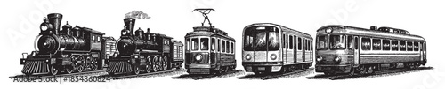 A detailed black and white illustration showcases a historical montage of diverse train and tram vehicles, from steam engines to electric trams, on railway tracks.