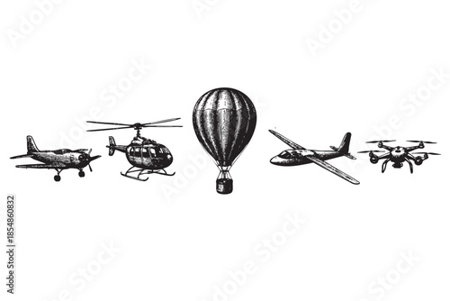 A collection of vintage aircraft and a modern drone rendered in a scratchboard illustration style, showcasing evolution in flight technology against a clean white background.