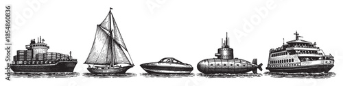 A black and white vintage illustration showcases a diverse collection of ships, including a cargo ship, sailboat, speedboat, submarine, and ferry, sailing on water.