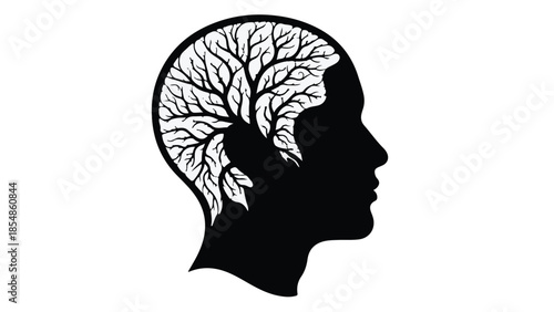 Silhouette of a human head with a branching tree growing inside, symbolizing growth and thought.