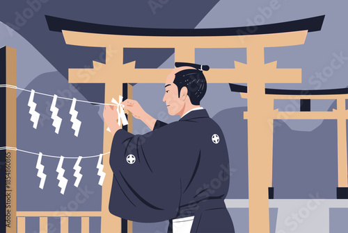 A samurai meticulously writes fortunes on paper strips at a traditional Japanese torii gate. Detailed illustration, serene atmosphere, perfect for cultural themes.