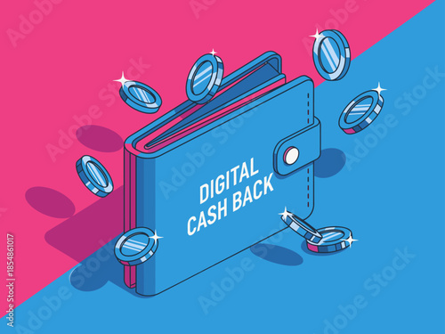 A vibrant digital cash back wallet illustration with floating coins. Bold colors and modern design. Perfect for finance and rewards promotions.